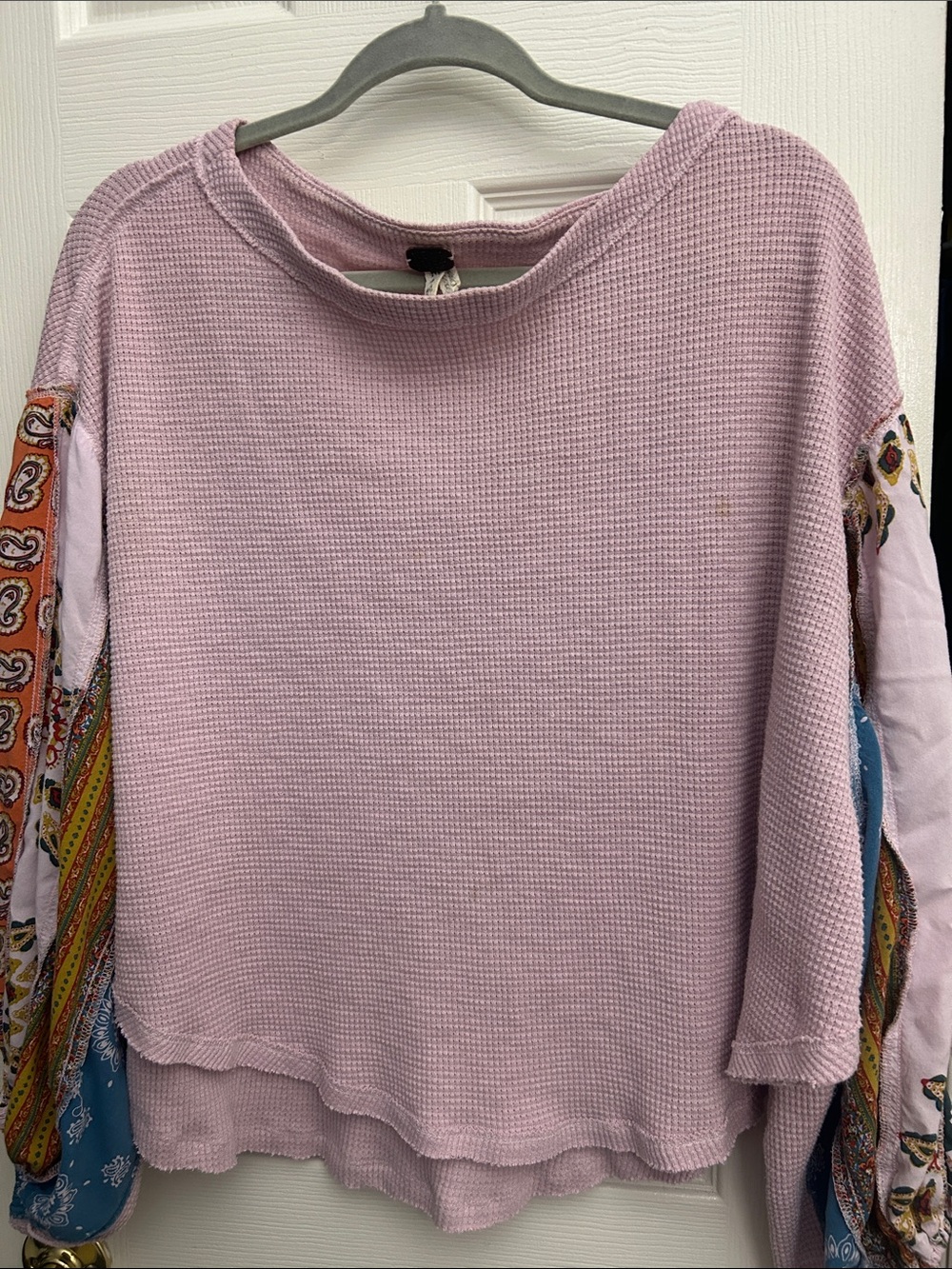 We The Free Lilac Waffle Knit Pullover with Patterned Mixed-Sleeves